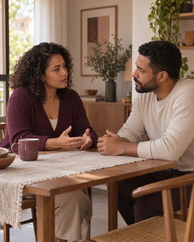 Um casal adulto conversa com calma à mesa, um falando com cuidado e o outro escutando com atenção.